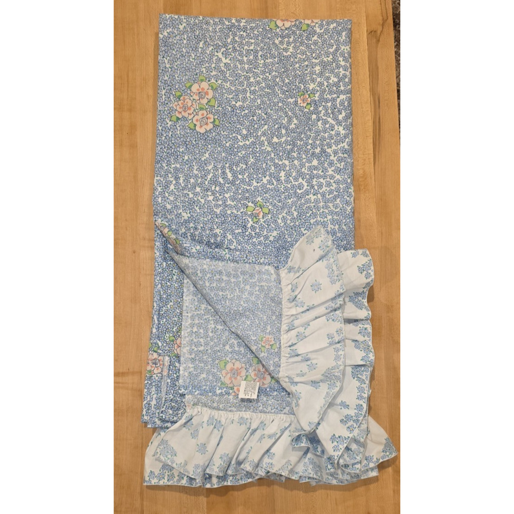 VTG Martex Queen Top Sheet Ruffled Blue Floral Barbara Brody Cottagecore